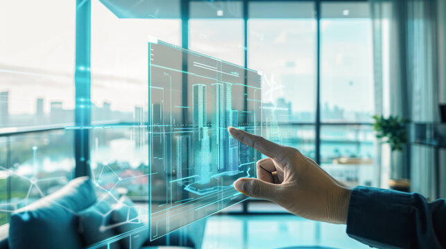 male hand is using a futuristic latest innovative technology glass tablet with augmented reality holograms as a remote control of smart home appliances at modern home or office. Smart home concept.