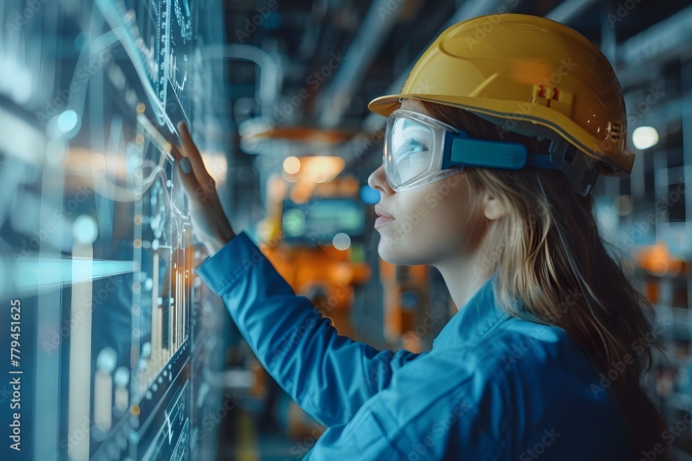 Poster female engineer monitoring automation processes in a high-tech factory environment