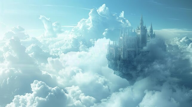 A dreamlike scene of a floating castle surrounded by fluffy clouds  AI generated illustration