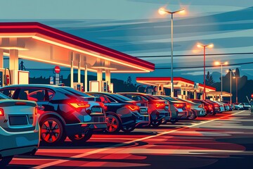 A painting depicting a line of cars waiting at a gas station, with a focus on vehicles and refueling activities. Generative AI - obrazy, fototapety, plakaty