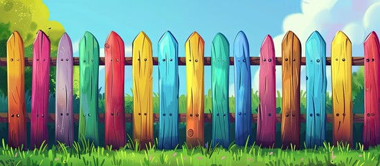 A vibrant cartoon illustration of a picket fence in the grass, featuring magenta, electric blue, and symmetrical design. The art style is reminiscent of a fashion accessory with a playful font