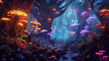A fantastical forest filled with magical creatures and glowing mushrooms  AI generated illustration
