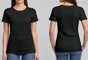 Woman in black t-shirt, plain blank tshirt mockup, black tee, front and back view