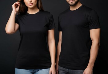 Man and woman in black t-shirt, plain blank adult tshirt mockup, black tee, front view