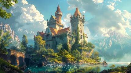 A fantasy-inspired illustration of a magical castle  AI generated illustration - obrazy, fototapety, plakaty