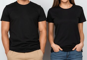 Man and woman in black t-shirt, plain blank adult tshirt mockup, black tee, front view