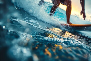 Surfer riding a wave, with water droplets suspended around the surfboard.