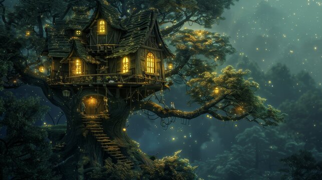 A fantasy-inspired illustration of a treehouse  AI generated illustration