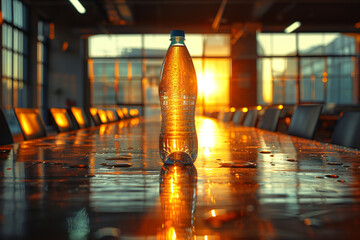 An Amber soda bottle rests on a symmetrical wooden table, its orange hues complementing the flooring. The metal cone shape contrasts with the composite materials of the table - Powered by Adobe
