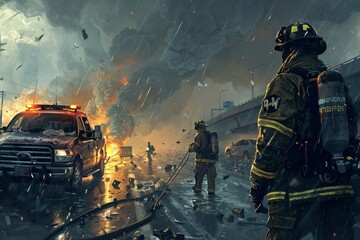 Group of fire fighters in full gear standing next to a red fire truck, ready to respond to an emergency situation. Generative AI