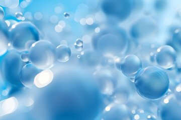 A tranquil display of transparent blue bubbles floating effortlessly, illuminated by a soft, diffuse light on a pale blue background.