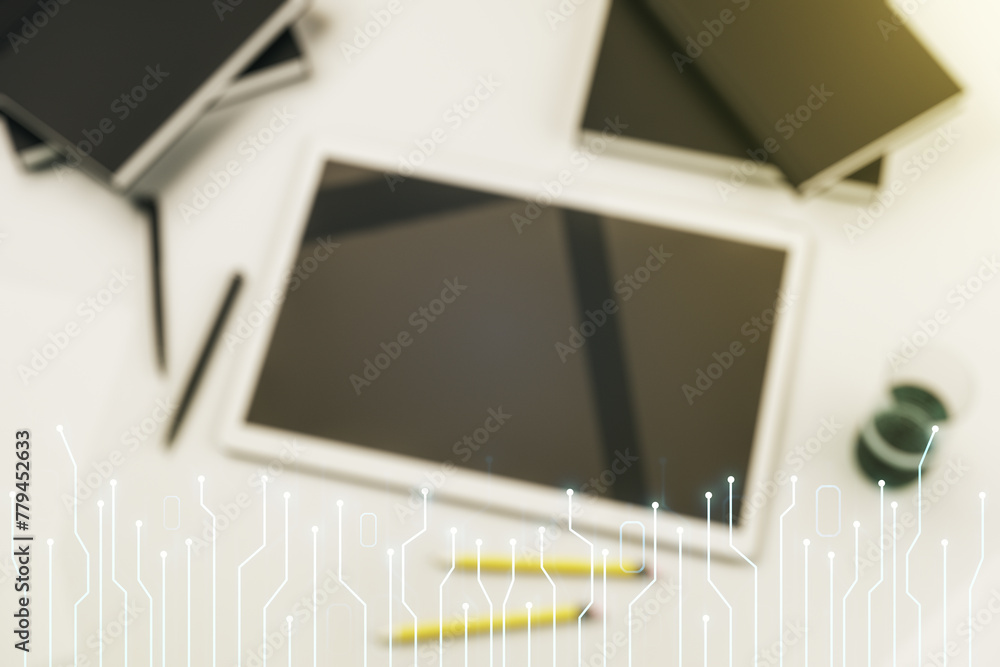 Poster Creative abstract micro circuit sketch and modern digital tablet on background, future technology and AI concept. Double exposure