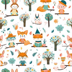 Cute forest animals in the style of quirky characters, on a white background