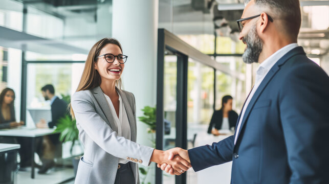 man and woman shaking hands. Happy business people, handshake and meeting in teamwork for partnership or collaboration in boardroom. Woman shaking hands in team recruiting, introduction, b2b agreement