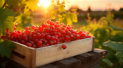 Red currant harvested in a wooden box in a farm with sunset. Natural organic fruit abundance. Agriculture, healthy and natural food concept. Horizontal composition. - 779453466