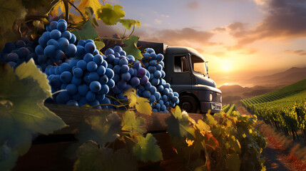 Cargo truck carrying blue wine grape fruit in a vineyard with sunset. Concept of food production,...