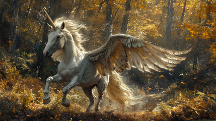 The flying horse landed in the forest. The Amazing Winged Horse. Mythical creature.