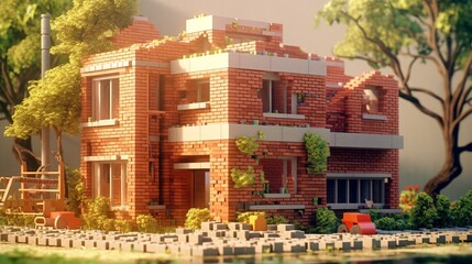3d illustration of a toy house on a background of colored bricks