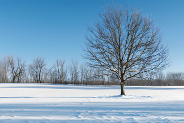 A solitary bare tree stands against the crisp blue sky, dominating a serene landscape blanketed by a fresh layer of snow, capturing the essence of winter's calm.