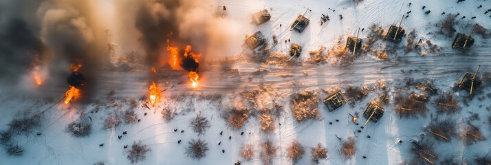 aerial action shot of tanks exploding on frozen winter battlefield