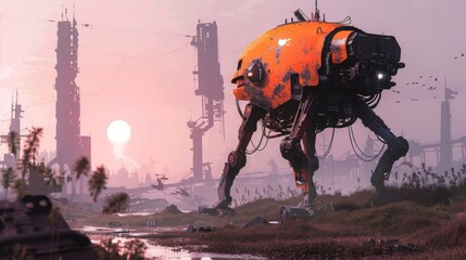 Naklejka premium A futuristic robot exploring a post-apocalyptic wasteland AI generated illustration