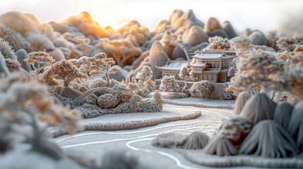 Ingelijste posters exquisite 3d embroidery depicting a chinese landscape with mountains, a river, and traditional architecture in a white and warm sunlight tone © Stima