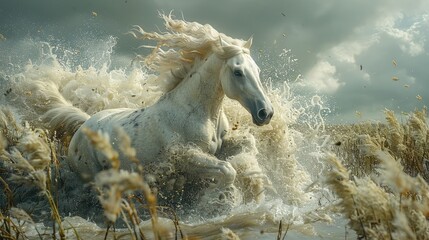 White horse running in shallow river. The Amazing Horse. Mythical creature.