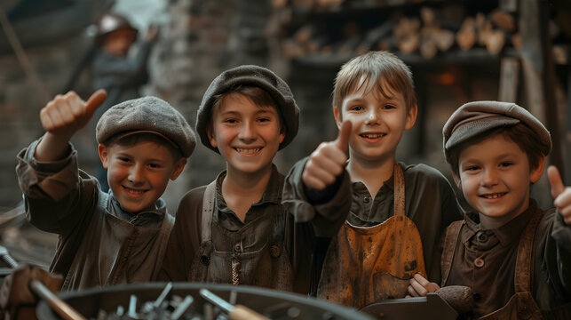 Group of children doing their dream job as Blacksmiths standing inside the blacksmith workshop. Concept of Creativity, Happiness, Dream come true and Teamwork.