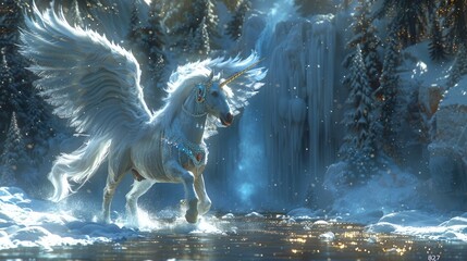 Winged white horse on frozen waterfall. The Amazing Winged Horse. Mythical creature.