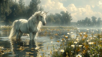 White horse in a swamp full of flowers. The Amazing Horse. Mythical creature.