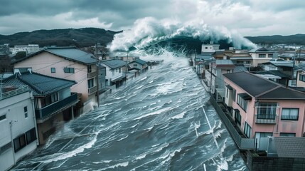 Huge tsunami water big waves on street with houses background - obrazy, fototapety, plakaty
