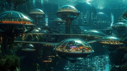 A futuristic underwater city with domes and tunnels  AI generated illustration - obrazy, fototapety, plakaty