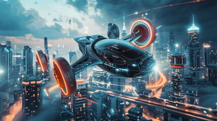 A futuristic vehicle soaring through a digital cityscape  AI generated illustration