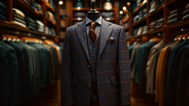front shot, suits on rack left and right in the background, grey background, minimal,generative ai