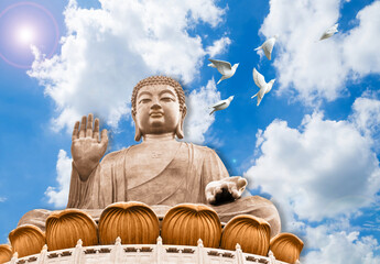 3D Wallpaper , Blue Sky Background With Lord Buddha Statue , Interior Decor Wallpaper for Home Decoration
