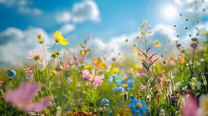 Closeup of summer meadow with colorful flowers, blue sky and sunshine in the background.