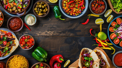 Mexican food background: tacos with salsa, guacamole and vegetables. - 779455067