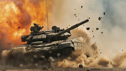 tank exploding on the battlefield - obrazy, fototapety, plakaty