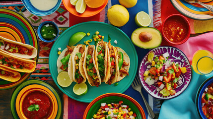 Mexican food background: tacos with salsa, guacamole and vegetables. - 779455227