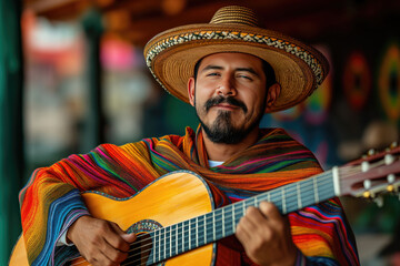 Mexican man playing guitar in traditional mexican poncho