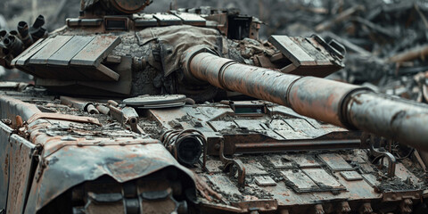 tank wreck on battlefield - obrazy, fototapety, plakaty