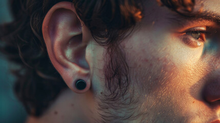 Man ear with men ear piercing close-up view