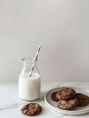 Milk in a bottle and chocolate cookies