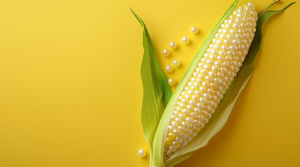 An ear of corn with green leaves made of shining pearls instead of a corn grains on a solid yellow background. Minimal food concept. Web banner with empty space for text.  Top view.