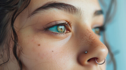Young woman nose with nasal piercing close-up view