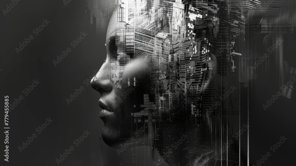 Poster a human face with subtle hints of building structures ai generated illustration