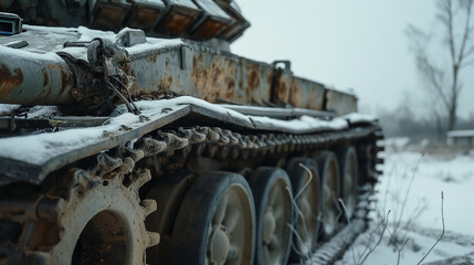 Fototapeta na wymiar tank wreck on frozen winter battlefield