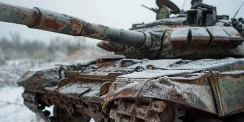 Fototapeta premium tank wreck on frozen winter battlefield