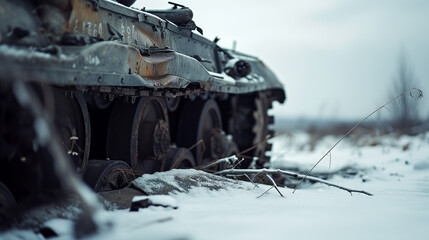tank wreck on frozen winter battlefield - obrazy, fototapety, plakaty