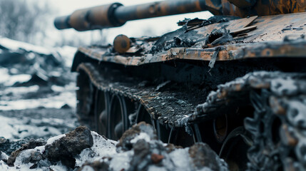 tank wreck on frozen winter battlefield